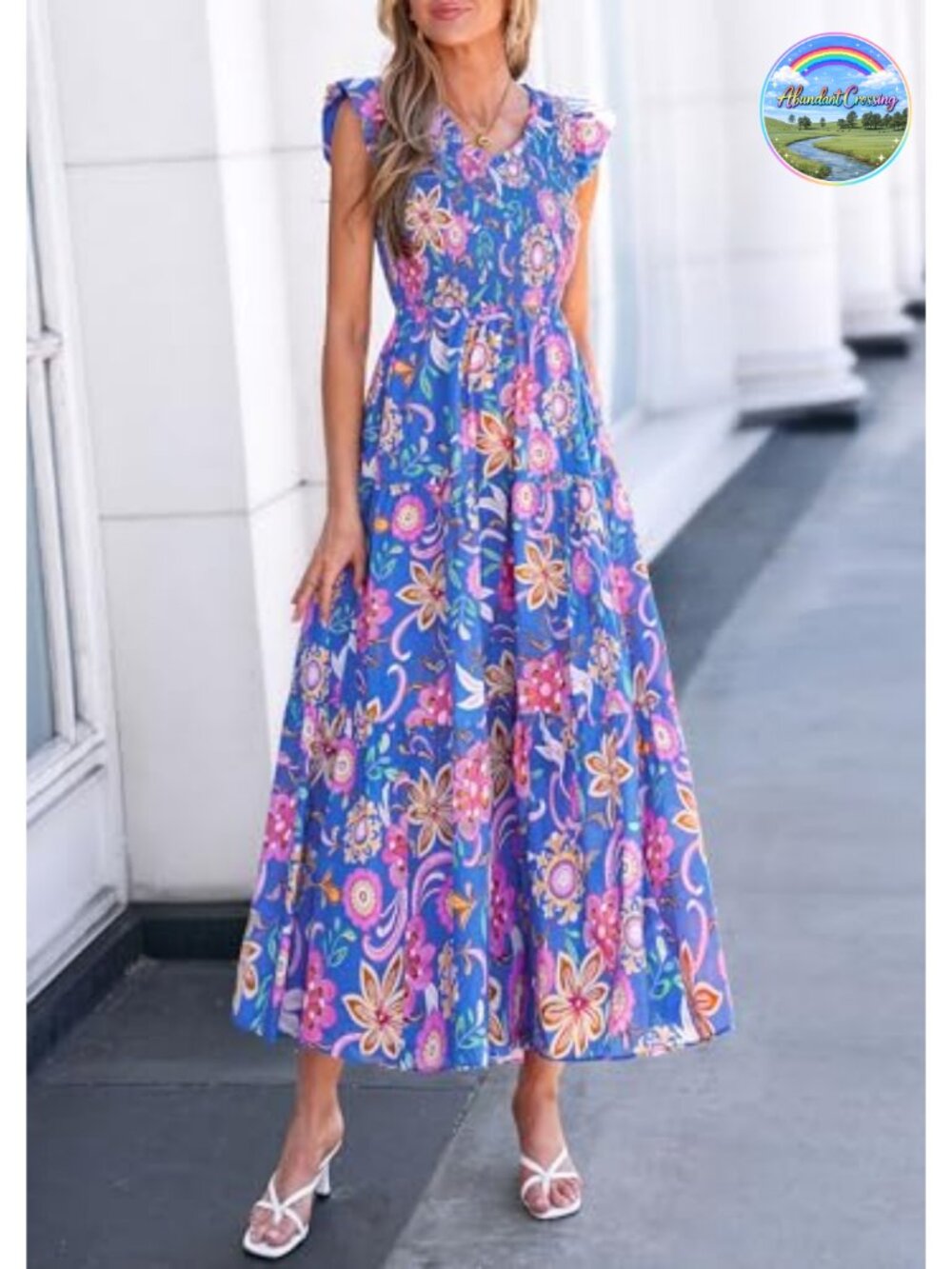 PRETTYGARDEN Smocked Boho Floral Maxi Dress V-Neck Sleeveless